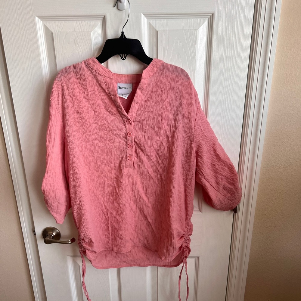 BonWorth  Top 3/4 Sleeve‎ Button Down Drawstring Hem Pink Size Small PetiteP